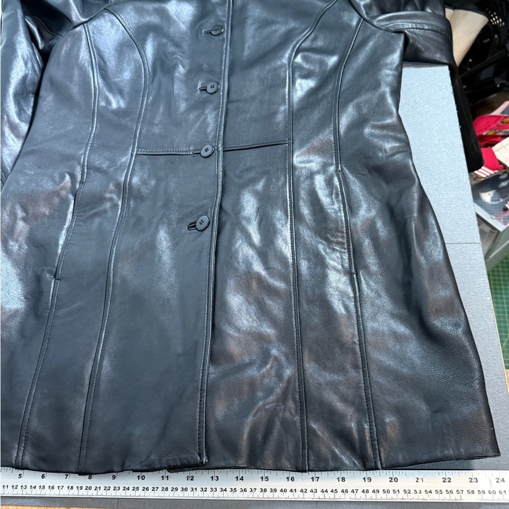 🧥 Danier Black Genuine Leather Mid-Length Coat Women's Large - Picture 10 of 11